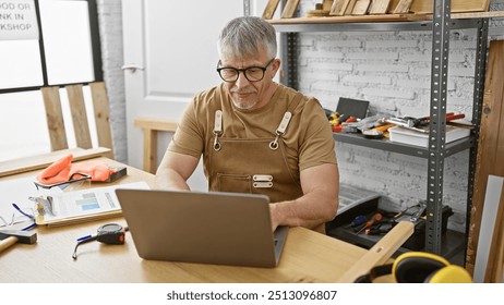 Mature man in apron using laptop in a well-organized carpentry workshop indoors - Powered by Shutterstock