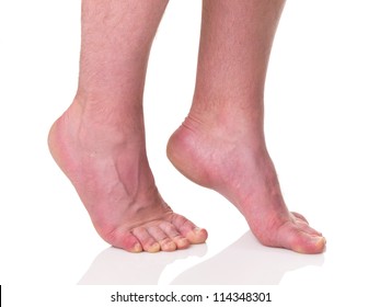 Mature man barefoot with dry skin and nails standing on tips of toes isolated on white background
