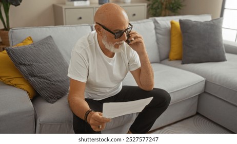 Mature man with beard and glasses sitting on a sofa in his living room talking on the phone and holding a document. - Powered by Shutterstock