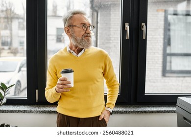 Mature man with a beard holds a coffee cup while gazing thoughtfully out the window. - Powered by Shutterstock