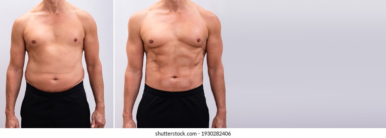 Mature Man Before And After Weight Loss. Body Shape Was Altered During Retouching