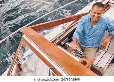 Mature man, boat and smile in water for retirement, leisure and investment for travel. Luxury, happiness and male sailor on tropical coast with adventure, yacht and transport on ocean with high angle - Powered by Shutterstock