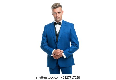 Mature Man In Bow Tie Blue Suit. Businessman Isolated On White. Leader In Tux Formal Wear