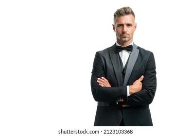 mature man in bow tie suit crossed hands. businessman isolated on white. gentleman in formal wear. - Shutterstock ID 2123103368