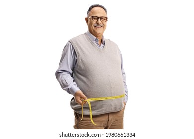 Mature man in casual clothing measuring waist with a tape isolated on white background