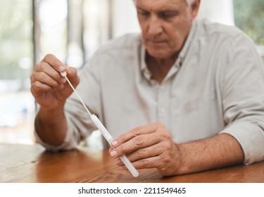 Mature Man, Covid Pcr Test Or Swab For Mouth Or Nose In Home Kit, House Or Living Room For Healthcare Insurance Or Medical Virus Disease. Zoom, Hands Or Antigen Covid 19 Check For Patient In Lockdown