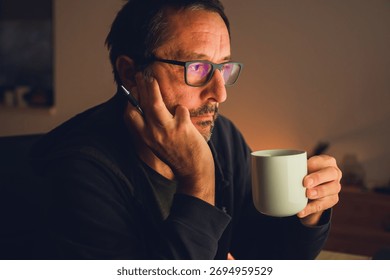 Mature man drinking coffee while looking at computer screen in dark room with warm light and low key atmosphere. Selective focus.