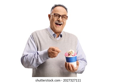 Mature Man Eating Ice Cream From A Paper Cup Isolated On White Background