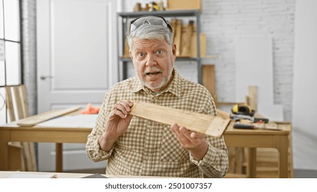 Mature man examines wood in a carpentry workshop, portraying craftsmanship and skilled labor in an indoor setting. - Powered by Shutterstock