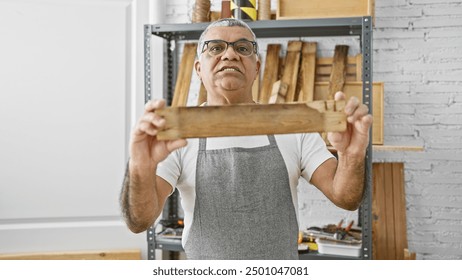 Mature man examining wood in a bright carpentry workshop - Powered by Shutterstock