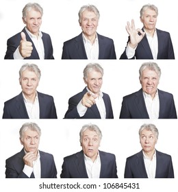 Mature Man Face Expressions Composite Isolated On White Background