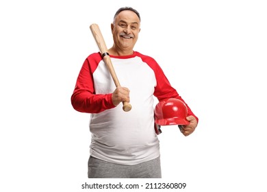 Mature Man Holding A Baseball Bat And A Red Helmet Isolated On White Background