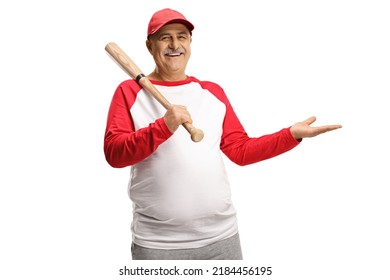 Mature Man Holding A Baseball Bat And Gesturing With Hand Isolated On White Background