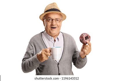 Mature man holding a cup and a donut isolated on white background - Powered by Shutterstock