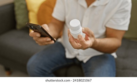 Mature man holding medication and smartphone in a modern living room, contemplating prescription refill - Powered by Shutterstock