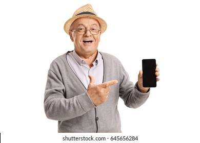Mature man holding a phone and pointing isolated on white background