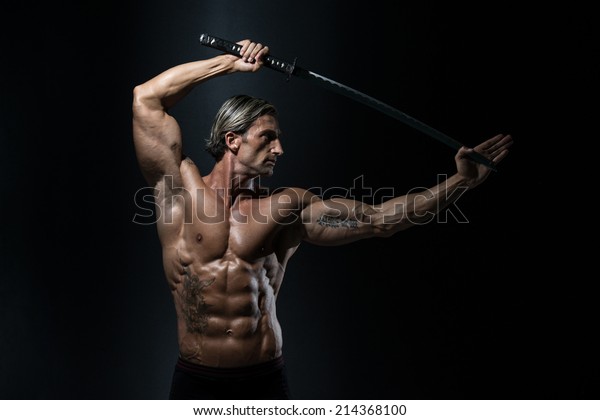 Mature Man Holding Sword Ready Fight Stock Photo (Edit Now) 214368100