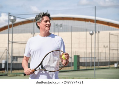 Mature man is holding a tennis racket and ball on a court on a sunny day - Powered by Shutterstock