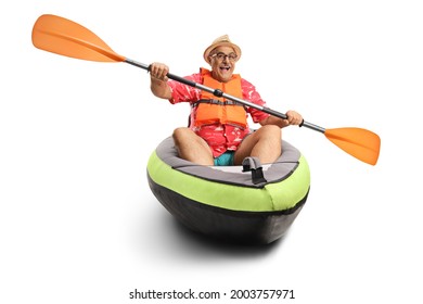 Mature Man Paddling In A Kayak Isolated On White Background