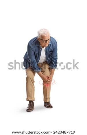Mature man with pain injury and red inflamed spot isolated on white background