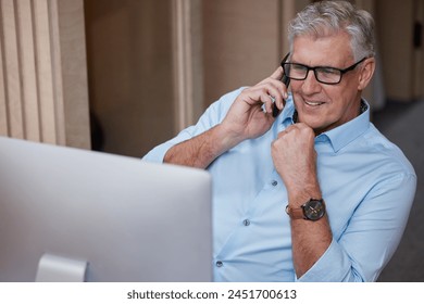 Mature man, phone call or computer in home office planning for retirement, investment and communication. Smile, online or happy senior advisor with remote work for consulting and mobile connection - Powered by Shutterstock