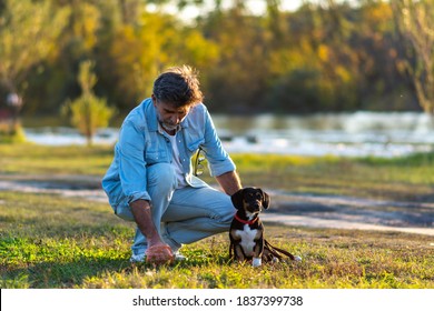 Mature man picking up dog poop from the lawn at the public park. Pet owner picks up dog's poop cleaning up mess. Man cleaning up dog droppings