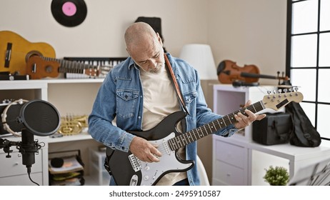 A mature man playing an electric guitar in a home studio with musical instruments and recording equipment. - Powered by Shutterstock