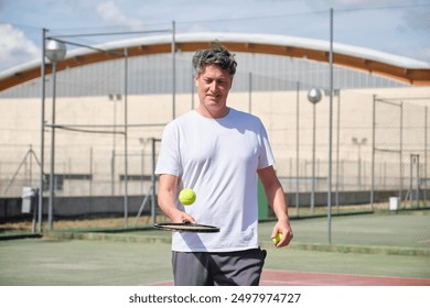 Mature man playing tennis on a sunny day is bouncing a ball on his racket - Powered by Shutterstock