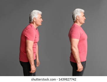 Mature man with poor and good posture on grey background - Shutterstock ID 1439827742