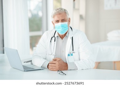 Mature man, portrait or doctor with face mask or laptop in confidence for healthcare safety or protection at hospital. Senior, male person or medical professional with computer or security at clinic - Powered by Shutterstock