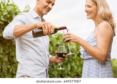 Mature man pouring red wine in glasses for celebrating anniversary with his wife. Happy mature couple in vineyard witha botlle of wine. Smiling mature couple drinking red wine in a vineyards. - Powered by Shutterstock