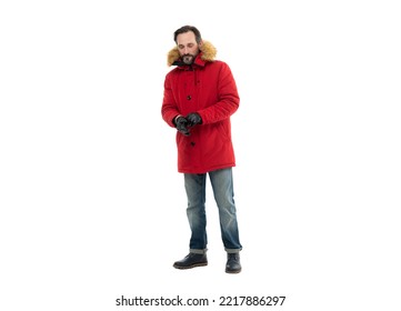Mature Man In Red Puffer Coat Outwear Wearing Gloves. Winter Fashion. Mature Man In Winter Outwear