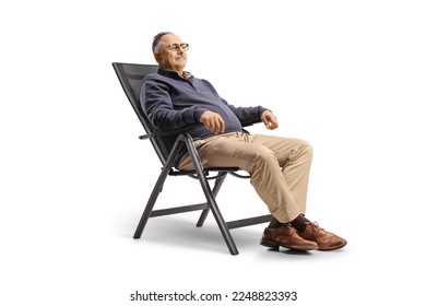 Mature man resting seated in a foldable chair isolated on white background - Shutterstock ID 2248823393