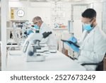 Mature man, scientist and medical innovation in science lab for forensic or pharmaceutical research. Team, people and discussion for pathology test, results and analysis for mpox vaccine in hospital