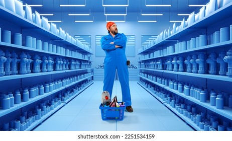 Mature man, serious mechanic, plumber, builder in blue working overalls during shopping standing and thinking. 3D model of supermarket. Monochrome. Sales, ad, discount, american lifestyle concept