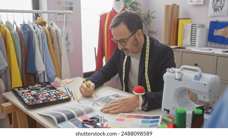 A mature man sketches a design in a tailor shop with colorful fabric swatches, sewing machine, and garments - Powered by Shutterstock