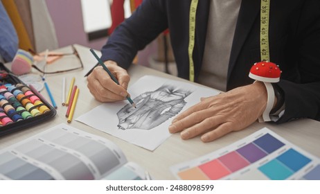 Mature man sketching fashion design in colorful tailor shop with fabric swatches and sewing accessories. - Powered by Shutterstock