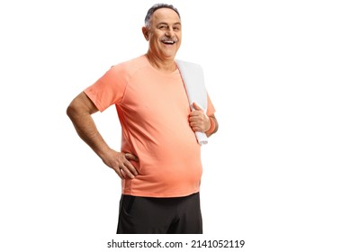 Mature Man In Sportswear With A Towel On His Shoulder Isolated On White Background