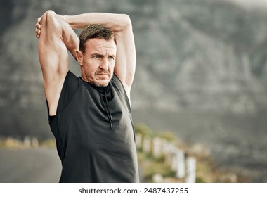 Mature man, stretching and warm up for running, exercise and sport in outdoor for fitness or wellness. Male person, runner and nature for practice, race or recreation as athlete in training or hiking - Powered by Shutterstock