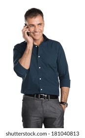 Mature Man Talking On Cell Phone Isolated On White Background