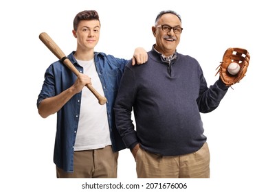 Mature Man And A Teenager With A Baseball Bat And A Glove Isolated On White Background