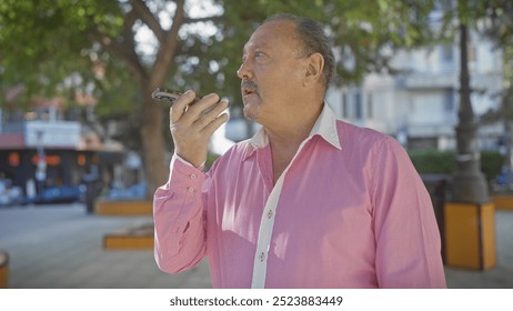 Mature man using smartphone voice assistant outdoors in city park. - Powered by Shutterstock