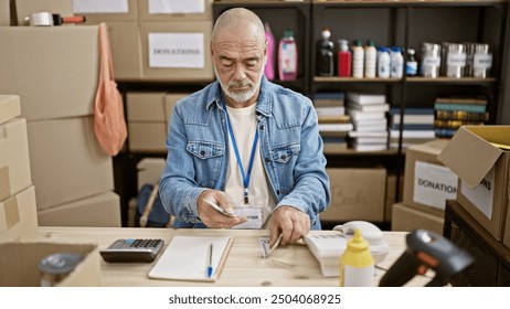 A mature man with a volunteer badge organizes supplies in an indoor warehouse. - Powered by Shutterstock