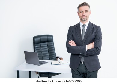 mature man wear suit in boss office on white background