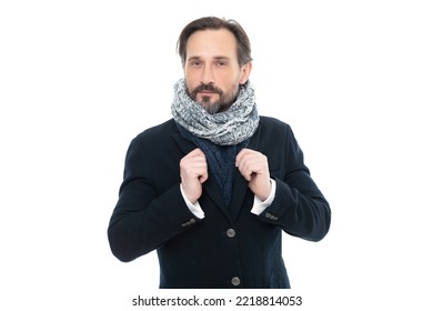 Mature Man In Winter Warm Clothes. Man Wear Winter Warm Clothes Isolated On White Background.