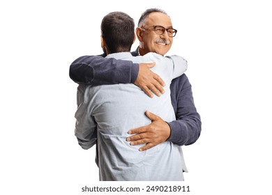 Mature man and younger man in embrace isolated on white background - Powered by Shutterstock