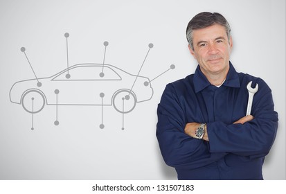 Mature mechanic standing next to car diagram while looking at camera - Powered by Shutterstock