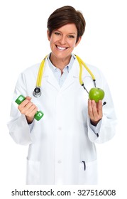 Mature medical doctor woman isolated over white background.