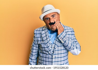 Mature Middle East Man With Mustache Wearing Vintage And Elegant Fashion Style Touching Mouth With Hand With Painful Expression Because Of Toothache Or Dental Illness On Teeth. Dentist 