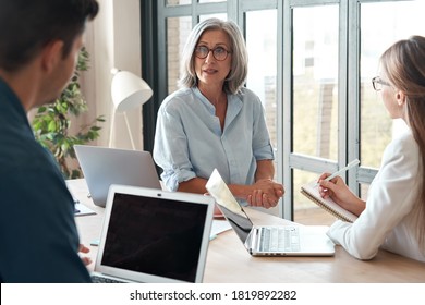Mature Old Female Mentor Coach Supervisor Training Young Interns At Group Office Meeting Professional Workshop. Middle Aged Business Woman Teacher Professor Working With Students At University Class.
